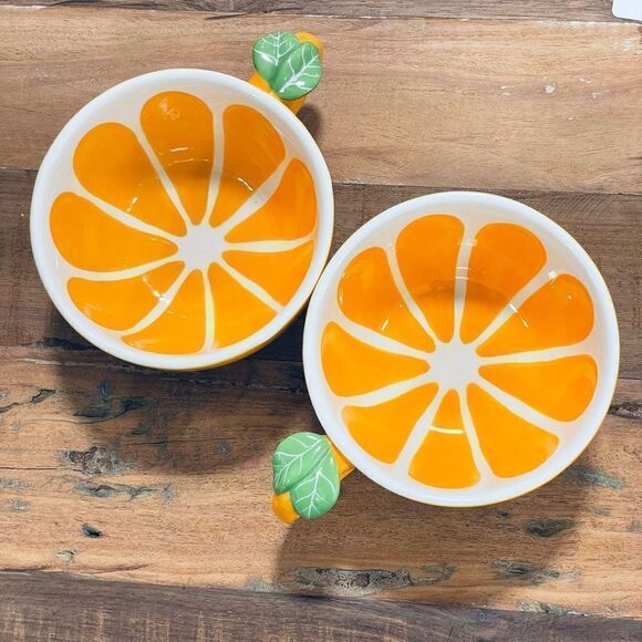 NWT Set of 2,Gorgeous Rae Dunn ORANGE Glossy Ceramic Mugs Set with leaf handle - Picture 5 of 17